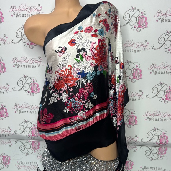 Bebe silk one shoulder bat wing scarf sleeved top shiny metallic multicolor - Picture 13 of 16